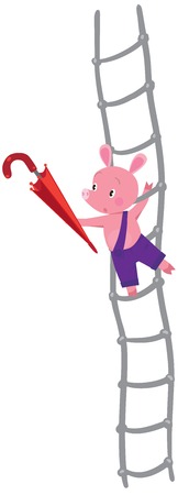 Children vector illustration of little pig or piglet with umbrella on ladderのイラスト素材