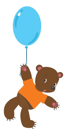 Childrens vector illustration of surprised toy bear in orange t-shirt flying with  blue balloonのイラスト素材