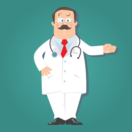 Funny doctor in white coat on blue-green background . Children vector illustrationのイラスト素材