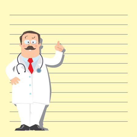 Design template with funny man doctor in white coat with stethoscope, raised index finger up, on light-yellow background with linesのイラスト素材