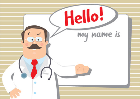 Design template of badge or card with funny man doctor in white coat with stethoscope, showing by hand, on background with place for text and balloon with words Hello My name isのイラスト素材