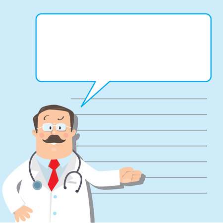 Design template for prescription or memory stick,  with funny man doctor in white coat with stethoscope, showing by hand, on light-blue background with lines and balloonのイラスト素材