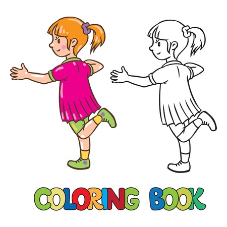 Coloring book or coloring picture of small girl jumping on one legのイラスト素材