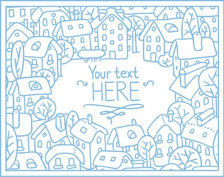 Greeting card with a vector picture of the city with houses in a courtyard with trees and a window for text. Can be used as seamless patternのイラスト素材