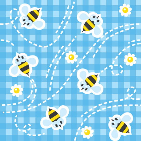 Seamless pattern with funny flying bees and flowers on blue checkered tablecloth background. Children vector illustrationのイラスト素材