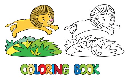 Coloring book or coloring picture of little funny lion jumping out of the jungleのイラスト素材