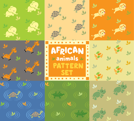 Set of seamless patterns with funny running african animals. Children vector illustrationのイラスト素材
