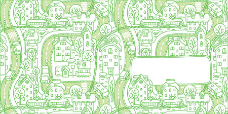 Square double-sided greeting card with a vector picture of the city with streets and houses with trees and roofs and a window for textのイラスト素材