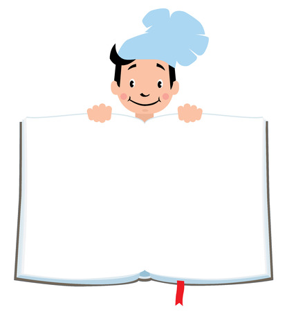 Design template background with illustration of little funny boy cook or chief, for Kids Menu or recipe and place for text in the shape of a book.のイラスト素材