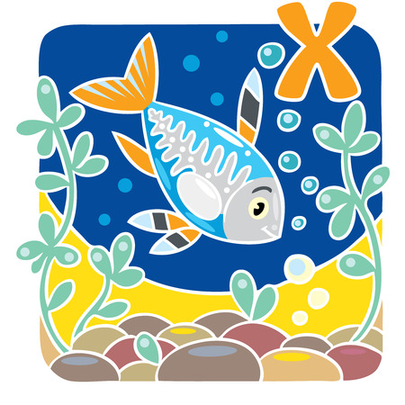 Children illustration of funny little x-ray fish in the sea, near the seabed. Alphabet Xのイラスト素材