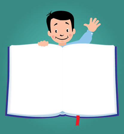 Design template background with illustration of little funny boy  for menu or recipe and place for text in the shape of a book.のイラスト素材