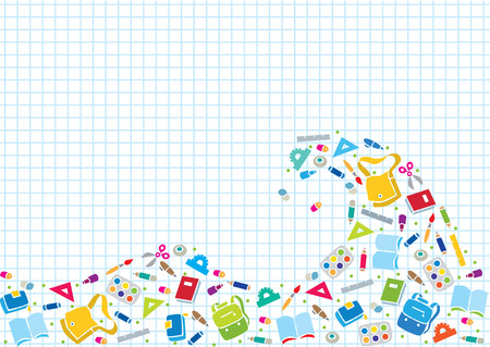 Vector pattern or design template with education equipment or stationery in a shape of sea wave on checkered background, like in the school notebookのイラスト素材