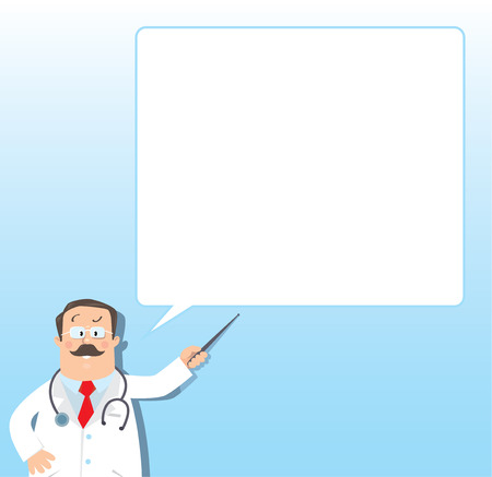Design template background for prescription or memory stick with funny man doctor in white coat with stethoscope, showing by pointer, on light-blue background with balloonのイラスト素材