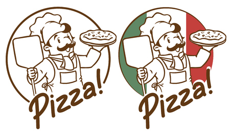 Emblem of funny cook or chef  or baker with pizza on background colors of the Italian flag. Two monochrome version. Children vector illustration.のイラスト素材