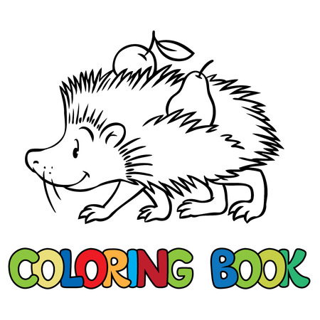 Coloring book or coloring picture of funny hedgehog with apple and pear on his needles.のイラスト素材