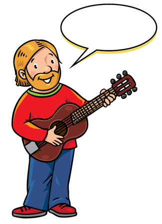 Children vector illustration of funny smiling musician or guitarist or artist with guitar. Profession series. With balloon for text.のイラスト素材