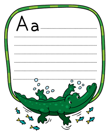 Children vector illustration of little funny crocodile or alligator swims in the lake. Alphabet A. Including frame with lines and place for writingのイラスト素材