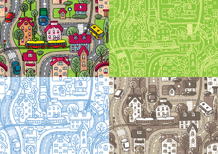 Set of four seamless background pattern with streets, tram rails, roads, houses and trees. Children vector illustrationのイラスト素材