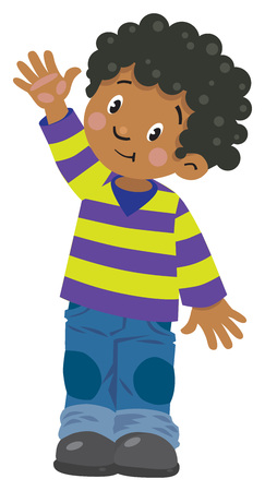 Children vector illustration of funny boy in striped sweater and jeans waving by handのイラスト素材