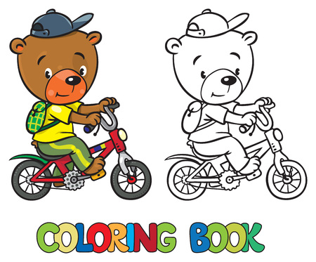Coloring book of little funny bear on bicycleのイラスト素材