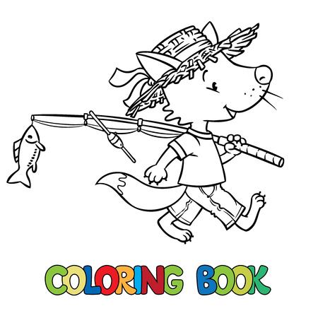 Little funny fox go fishing. Coloring bookのイラスト素材