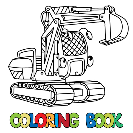 Excavator coloringbook for kids. Small funny vector cute excavator with eyes and mouth. Children vector illustrationのイラスト素材