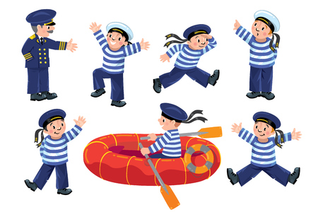 Funny jolly boy-sailors in vest and sailor hat with captain.のイラスト素材