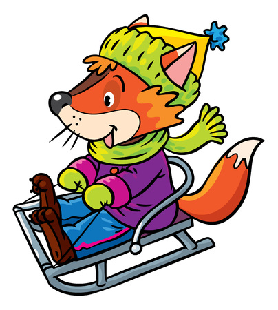 Cute fox on sleigh icon.のイラスト素材