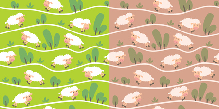 Seamless pattern set with funny sheeps on the hills with trails and trees. Children vector illustration backgroundのイラスト素材