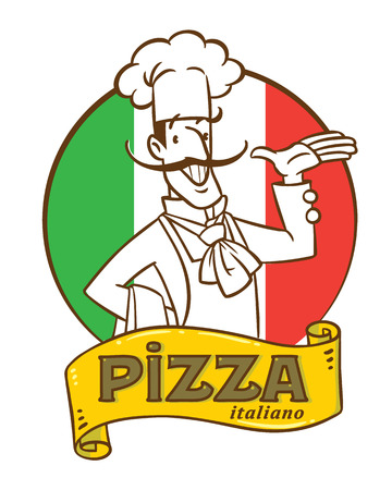 Funny italian chef with pizza. Emblem designのイラスト素材