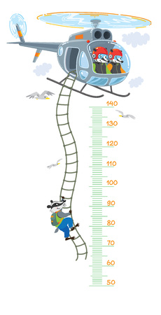 Meter wall or height meter with funny badgers on helicopter. Height chart or wall sticker. Childrens vector illustration with scale from 50 to 140 centimeter to measure growthのイラスト素材