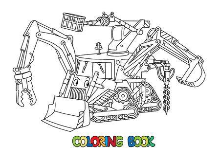 Bulldozer or fantasy multitool truck coloring book for kids. Small funny vector cute car with eyes and mouth. Children vector illustration. Construction machinery.のイラスト素材