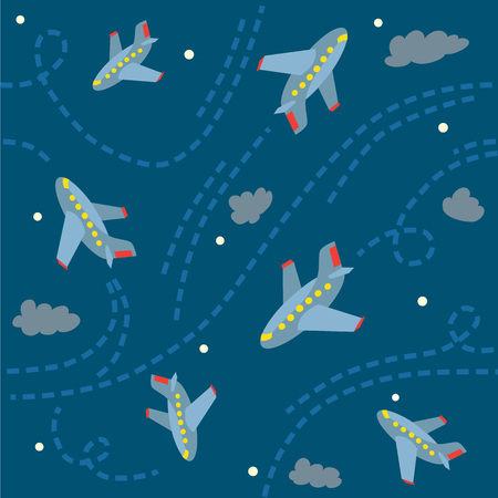 Seamless pattern with funny flying planes on sky background. Children vector illustrationのイラスト素材