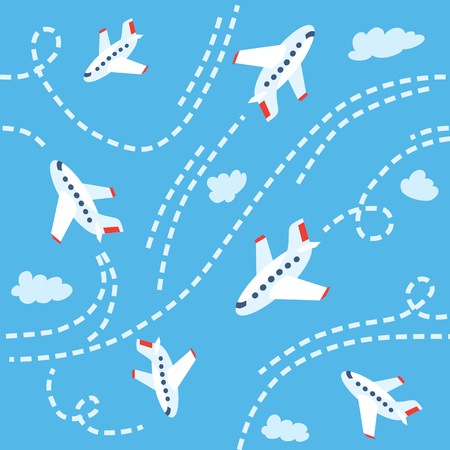 Seamless pattern with funny flying planes on sky background. Children vector illustrationのイラスト素材