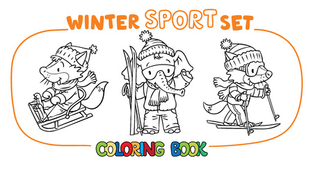 Coloring book set of funny little baby elephant and fox stands with skis and rides on sleigh. Children vector illustrationのイラスト素材