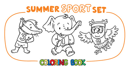 Coloring book of funny little badger, elephant and owl doing exercises. Children vector illustration. Sportのイラスト素材