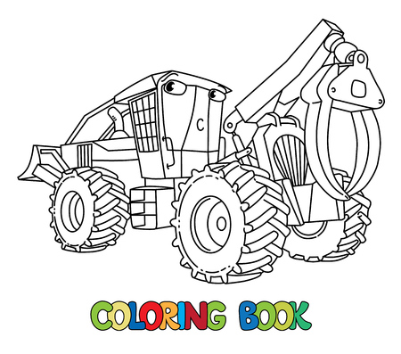 Funny log skidder car or truck. Small funny vector cute vehicle with eyes. Children vector illustration. Forestry machinery for kids. Coloring bookのイラスト素材