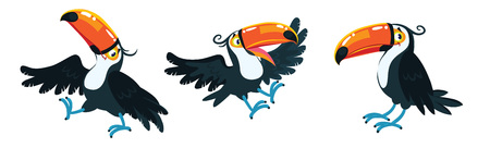 Toucans. Children vector illustration set of funny toucan birds with a big orange beak and black plumageのイラスト素材