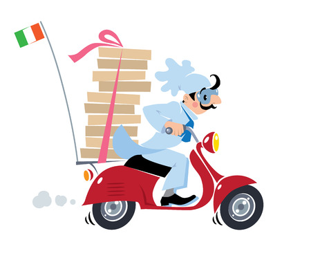 Emblem or illustration of funny pizza chef or baker rides a scooter or motobike with boxes of pizza, like courier or delivery boy. Children vector illustration. Cartoonのイラスト素材