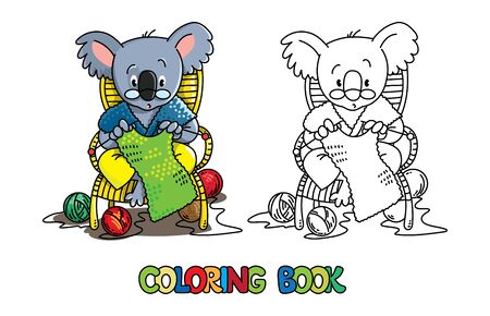 Koala bear knitter. Coloring book of funny smiling knitter. Woman, sitting in a chair, knitting a scarf, surrounded by yarn. Profession ABC series. Children vector illustration. Alphabet K for kidsのイラスト素材