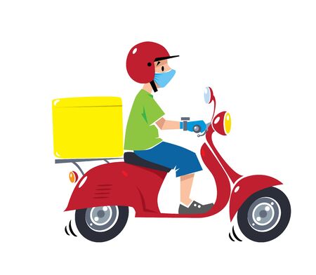 Delivery courier on scooter in protective mask and glovesのイラスト素材