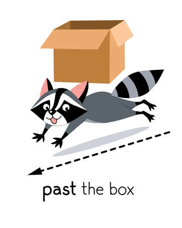 Preposition of movement. Raccoon runing past the boxのイラスト素材