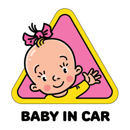Baby in car. Funny small girl waving by hand. Children vector illustration with text. Yellow triangular sticker for the back window of the automobile. The child looks out from behind the car seatのイラスト素材