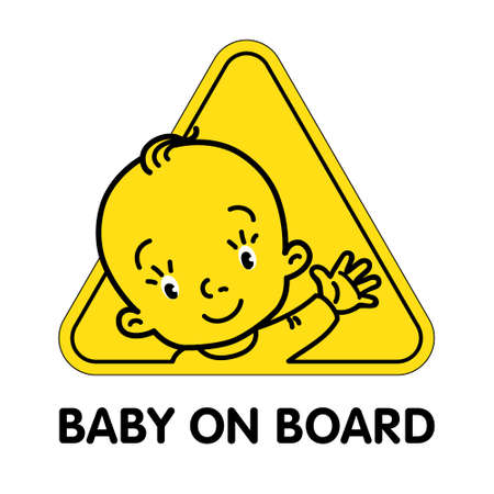 Baby on board. Funny little boy waving by hand. Children vector illustration with text. Yellow triangular sticker for the back window of the automobile. The child looks out from behind the car seatのイラスト素材