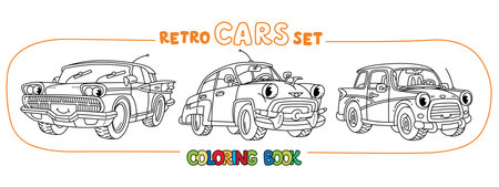 Funny small retro cars with eyes coloring book setのイラスト素材