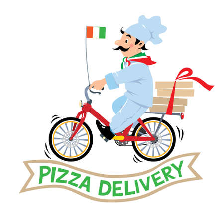 Funny pizza chef on bicycle or bike Pizza deliveryのイラスト素材