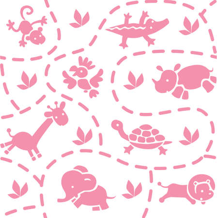 Seamless pattern with funny running african animals in savannah. Children vector illustrationのイラスト素材