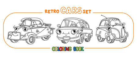Funny small retro cars with eyes coloring book setのイラスト素材