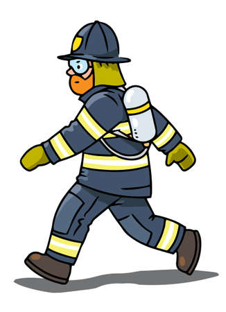 Running brave firefighter in helmet and uniform. children vector illustration. fire engineのイラスト素材
