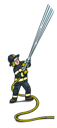 Brave firefighter with a water hose extinguish a fire. children vector illustration. fire engineのイラスト素材